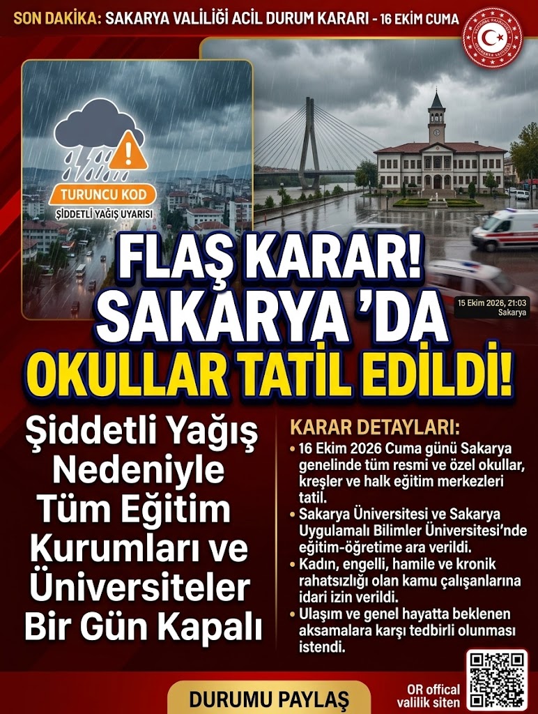 SAKARYA’DA ŞİDDETLİ YAĞIŞ NEDENİYLE EĞİTİME 1 GÜN ARA VERİLDİ