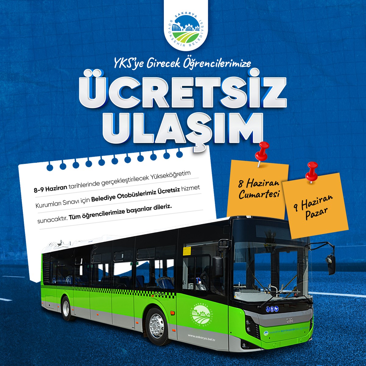 2024 Yılı Yükseköğretim Kurumları Sınavı’nın (YKS) yapılacağı 8 ve 9 Haziran tarihlerinde öğrencilere belediye otobüsleriyle ulaşım hizmetini ücretsiz sunacak.